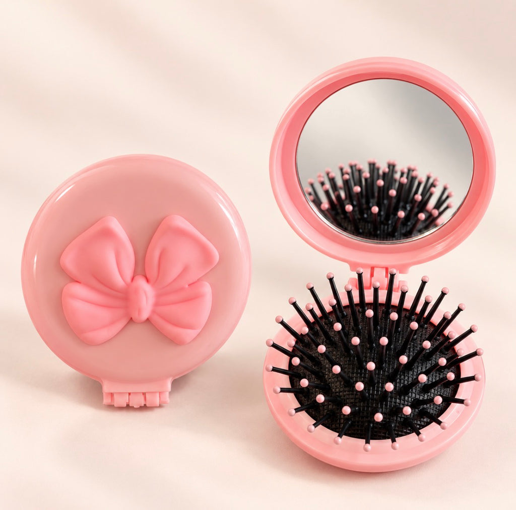 Pink Bow Mini Hairbrush With Mirrow